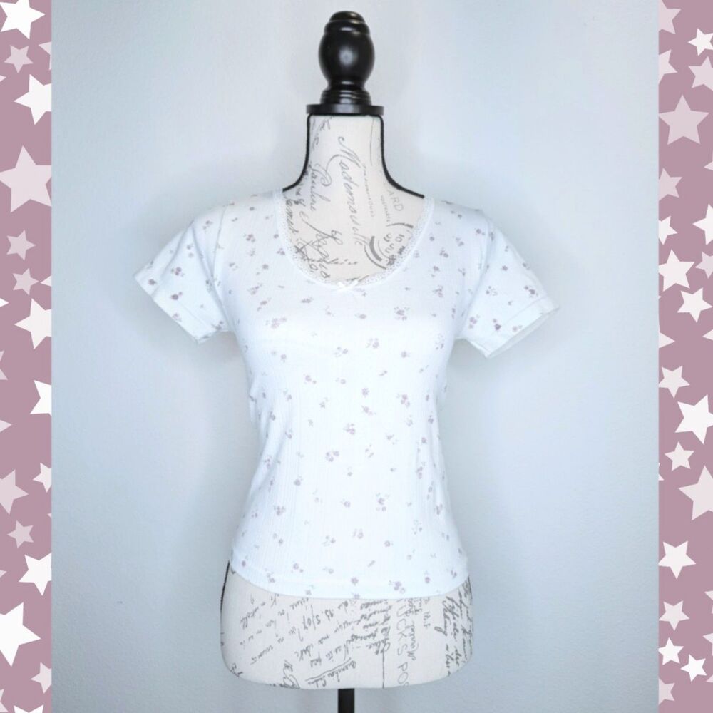 Wild Skye Women’s Floral Blouse Size L Fits S Short Sleeve Lace Trim